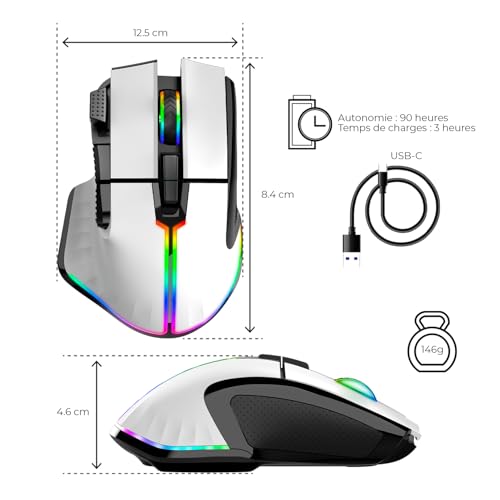 SPIRIT OF GAMER - PRO M5, Kabellose RGB Gaming Maus für PC, 8 Programmierbare Tasten inkl. 1 Rapid Fire, Bluetooth & 2,4 GHz Verbindung, Lange Akkulaufzeit 90h, Ergonomische Gaming Mouse, Weiß Bild 2