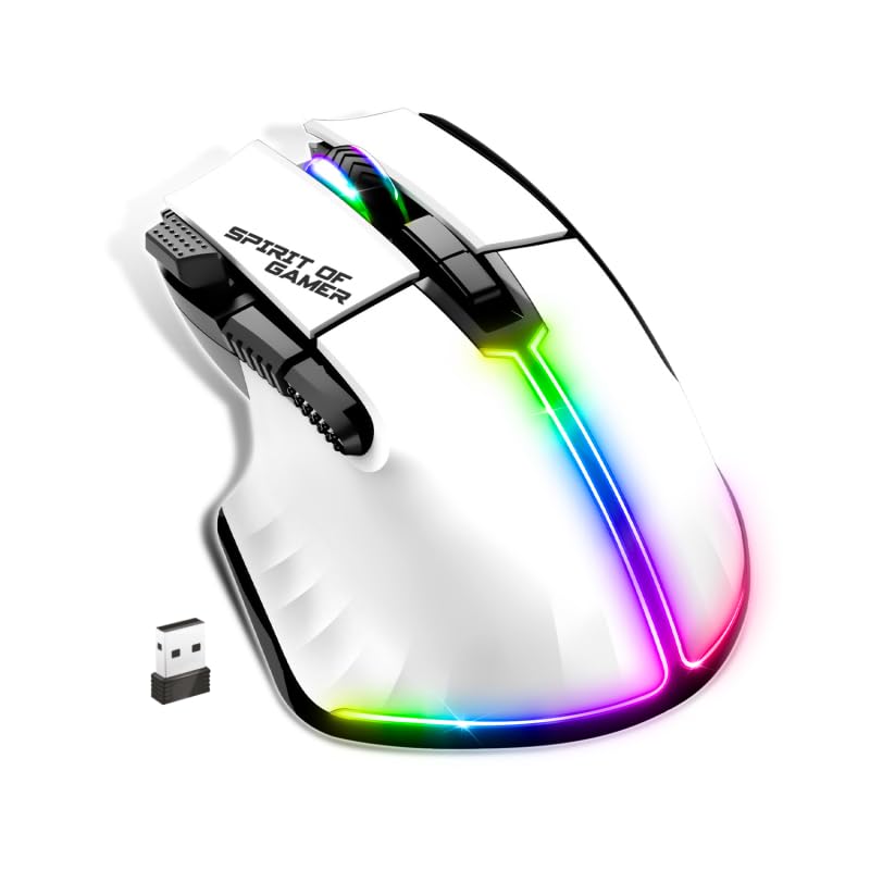 SPIRIT OF GAMER - PRO M5, Kabellose RGB Gaming Maus für PC, 8 Programmierbare Tasten inkl. 1 Rapid Fire, Bluetooth & 2,4 GHz Verbindung, Lange Akkulaufzeit 90h, Ergonomische Gaming Mouse, Weiß Bild 3
