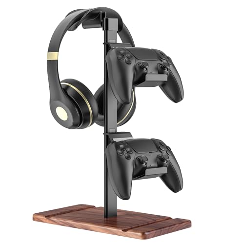 Controller Halter, Kopfhörer Ständer aus Walnussholz, Gaming Controller Halterung für Xbox PS5 PS4 Switch, Headset Ständer, Universal Schreibtisch Game Zubehör Bild 1