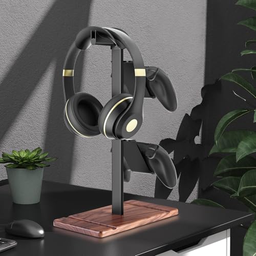 Controller Halter, Kopfhörer Ständer aus Walnussholz, Gaming Controller Halterung für Xbox PS5 PS4 Switch, Headset Ständer, Universal Schreibtisch Game Zubehör Bild 2