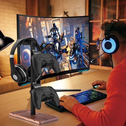 Controller Halter, Kopfhörer Ständer aus Walnussholz, Gaming Controller Halterung für Xbox PS5 PS4 Switch, Headset Ständer, Universal Schreibtisch Game Zubehör Bild 7