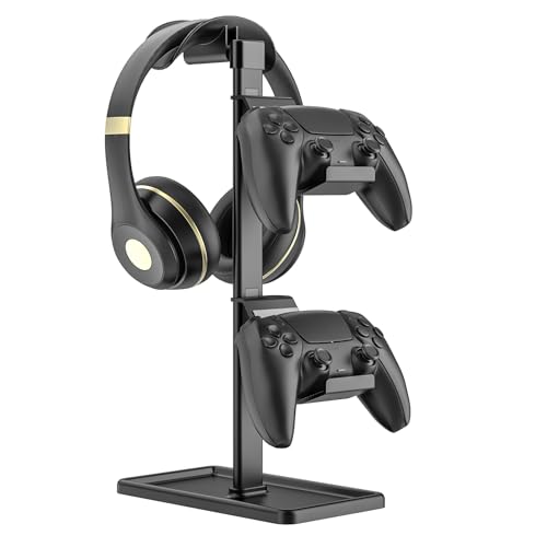 Controller Halter, Kopfhörer Ständer, Gaming Controller Halterung für Xbox PS5 PS4 Switch, Headset Ständer mit Speicher Organizer, Universal Schreibtisch Game Zubehör (Schwarz) Bild 1