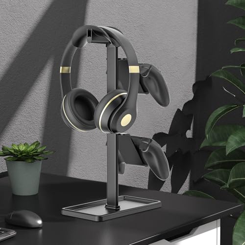 Controller Halter, Kopfhörer Ständer, Gaming Controller Halterung für Xbox PS5 PS4 Switch, Headset Ständer mit Speicher Organizer, Universal Schreibtisch Game Zubehör (Schwarz) Bild 2