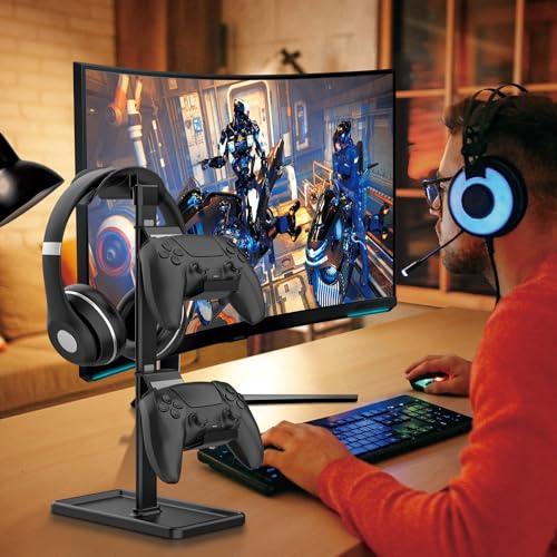 Controller Halter, Kopfhörer Ständer, Gaming Controller Halterung für Xbox PS5 PS4 Switch, Headset Ständer mit Speicher Organizer, Universal Schreibtisch Game Zubehör (Schwarz) Bild 7