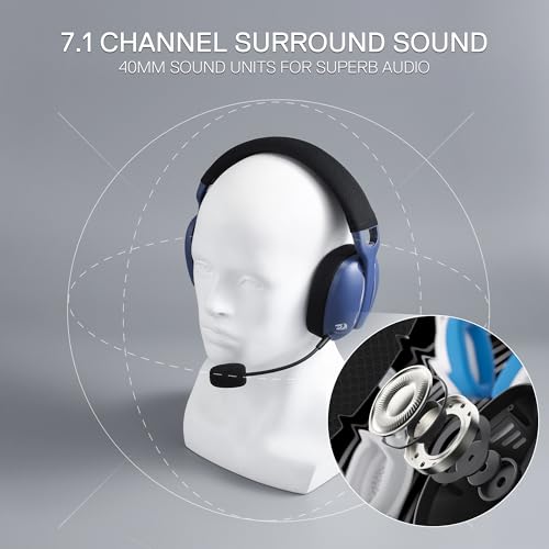 Redragon H878 3-Modus Kabelloses Gaming-Headset mit Blauer Beleuchtung – Leichtgewichtig – 7.1 Surround Sound – 40-mm-Treiber – Abnehmbares Mikrofon – für PC, Switch, Mobilgerät, Schwarz & Blau Bild 3