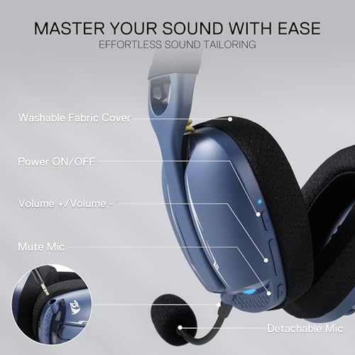 Redragon H878 3-Modus Kabelloses Gaming-Headset mit Blauer Beleuchtung – Leichtgewichtig – 7.1 Surround Sound – 40-mm-Treiber – Abnehmbares Mikrofon – für PC, Switch, Mobilgerät, Schwarz & Blau Bild 4