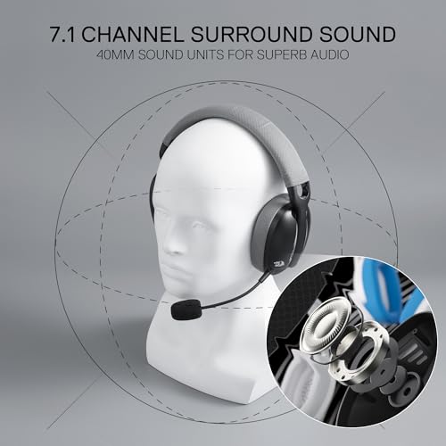 Redragon H878 3-Modus Kabelloses Gaming-Headset mit Blauer Beleuchtung – Leichtgewichtig – 7.1 Surround Sound – 40-mm-Treiber, Abnehmbares Mikrofon – für PC, PS5/4/3, Switch, Mobilgerät, Schwarz&Grau Bild 3