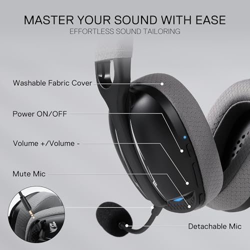 Redragon H878 3-Modus Kabelloses Gaming-Headset mit Blauer Beleuchtung – Leichtgewichtig – 7.1 Surround Sound – 40-mm-Treiber, Abnehmbares Mikrofon – für PC, PS5/4/3, Switch, Mobilgerät, Schwarz&Grau Bild 4