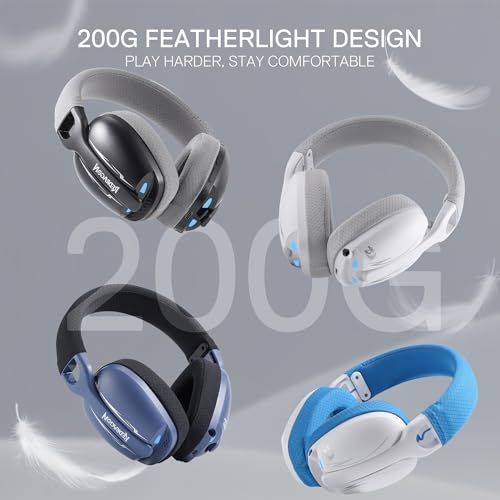 Redragon H878 3-Modus Kabelloses Gaming-Headset mit Blauer Beleuchtung – Leichtgewichtig – 7.1 Surround Sound – 40-mm-Treiber, Abnehmbares Mikrofon – für PC, PS5/4/3, Switch, Mobilgerät, Schwarz&Grau Bild 6