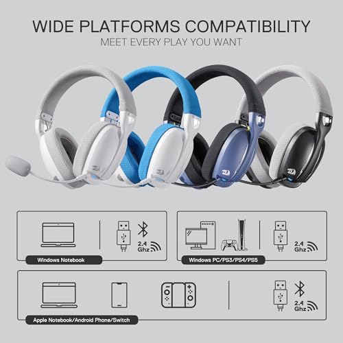 Redragon H878 3-Modus Kabelloses Gaming-Headset mit Blauer Beleuchtung – Leichtgewichtig – 7.1 Surround Sound – 40-mm-Treiber, Abnehmbares Mikrofon – für PC, PS5/4/3, Switch, Mobilgerät, Schwarz&Grau Bild 7