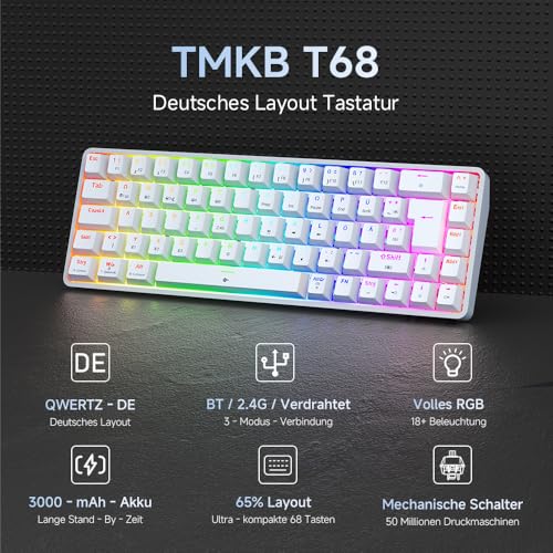 TMKB T68 Gaming Tastatur,60% Kabellos Mechanische RGB Tastatur mit Bluetooth/2.4G/Typ-C,Compact 68 Tasten Anti-Ghosting,Deutsches QWERTZ Layout,Red Linear Switch,weiße Bild 2