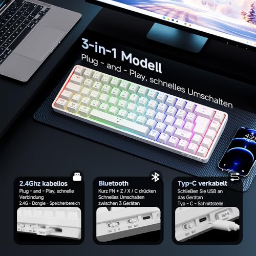 TMKB T68 Gaming Tastatur,60% Kabellos Mechanische RGB Tastatur mit Bluetooth/2.4G/Typ-C,Compact 68 Tasten Anti-Ghosting,Deutsches QWERTZ Layout,Red Linear Switch,weiße Bild 3