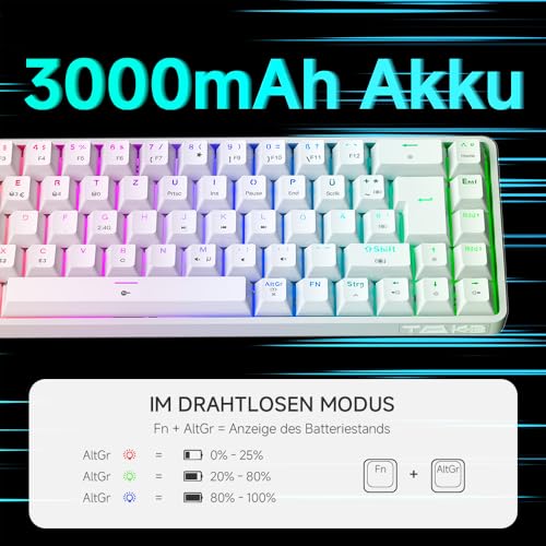 TMKB T68 Gaming Tastatur,60% Kabellos Mechanische RGB Tastatur mit Bluetooth/2.4G/Typ-C,Compact 68 Tasten Anti-Ghosting,Deutsches QWERTZ Layout,Red Linear Switch,weiße Bild 4