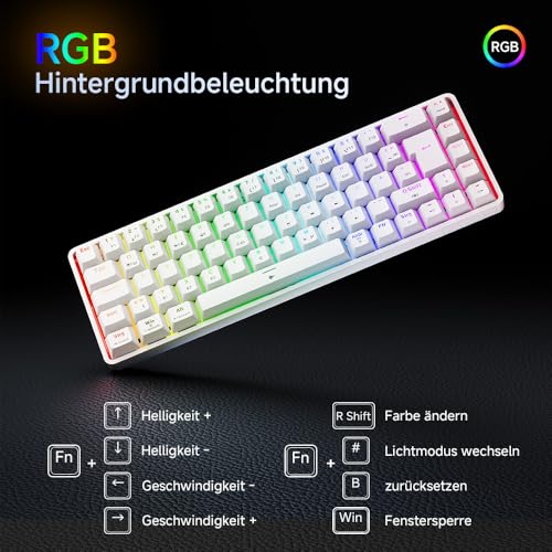 TMKB T68 Gaming Tastatur,60% Kabellos Mechanische RGB Tastatur mit Bluetooth/2.4G/Typ-C,Compact 68 Tasten Anti-Ghosting,Deutsches QWERTZ Layout,Red Linear Switch,weiße Bild 5