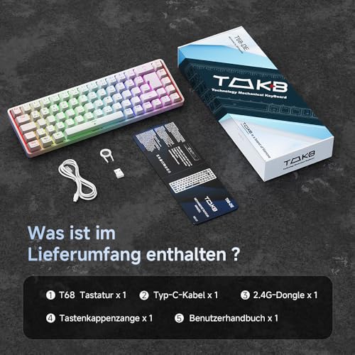 TMKB T68 Gaming Tastatur,60% Kabellos Mechanische RGB Tastatur mit Bluetooth/2.4G/Typ-C,Compact 68 Tasten Anti-Ghosting,Deutsches QWERTZ Layout,Red Linear Switch,weiße Bild 7