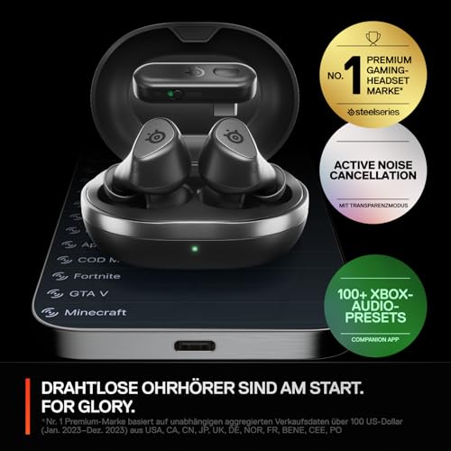 SteelSeries Arctis GameBuds für Xbox – Wireless In Ear Gaming Kopfhörer – 2,4GHz + BT 5.3 – ANC/Transparenzmodus –Wasserbeständig IP55 – 40H Batterie – Drahtloses Laden –Xbox, PS5, PC, Switch 2, Mobil Bild 4