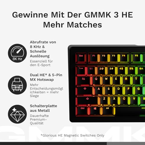 GLORIOUS Gaming GMMK 3 HE Tastatur Rapid Trigger: Hall-Effekt, 8k Abrufrate, MX/HE Schalter, Hot-Swap 100%, Dichtungssystem, Doubleshot PBT Tastenkappen, QWERTZ Deutsch (Schwarz) Bild 4