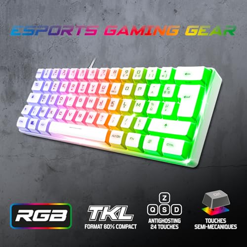 Spirit Of Gamer - Pro K2, halbmechanische Gaming-Tastatur, kompaktes Format TKL 60 %, 62 Tasten, davon 24 Anti-Ghosting, RGB-Hintergrundbeleuchtung in Regenbogenfarben, höhenverstellbar, Weiß Bild 2