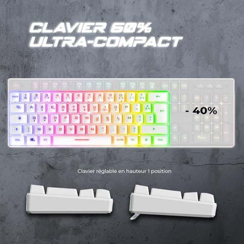 Spirit Of Gamer - Pro K2, halbmechanische Gaming-Tastatur, kompaktes Format TKL 60 %, 62 Tasten, davon 24 Anti-Ghosting, RGB-Hintergrundbeleuchtung in Regenbogenfarben, höhenverstellbar, Weiß Bild 3