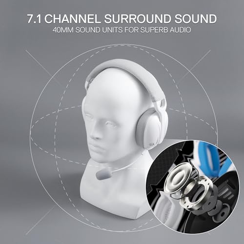 Redragon H878 3-Modus Kabelloses Gaming-Headset mit Blauer Beleuchtung – Leichtgewichtig – 7.1 Surround Sound – 40-mm-Treiber – Abnehmbares Mikrofon – für PC, PS5/4/3, Switch, Mobilgerät, Weiß & Grau Bild 3