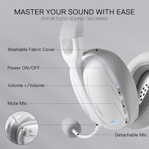 Redragon H878 3-Modus Kabelloses Gaming-Headset mit Blauer Beleuchtung – Leichtgewichtig – 7.1 Surround Sound – 40-mm-Treiber – Abnehmbares Mikrofon – für PC, PS5/4/3, Switch, Mobilgerät, Weiß & Grau Bild 4