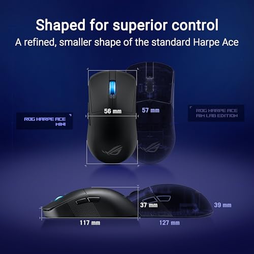 ASUS ROG Harpe Ace Mini kabellose Gaming-Maus, 49 g leicht, AimPoint Pro 42K optischer Sensor, optische Mikroschalter, ROG Polling Rate Booster, Esports & FPS-Gaming, klein, mittel, Schwarz Bild 3
