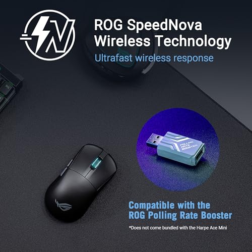 ASUS ROG Harpe Ace Mini kabellose Gaming-Maus, 49 g leicht, AimPoint Pro 42K optischer Sensor, optische Mikroschalter, ROG Polling Rate Booster, Esports & FPS-Gaming, klein, mittel, Schwarz Bild 7
