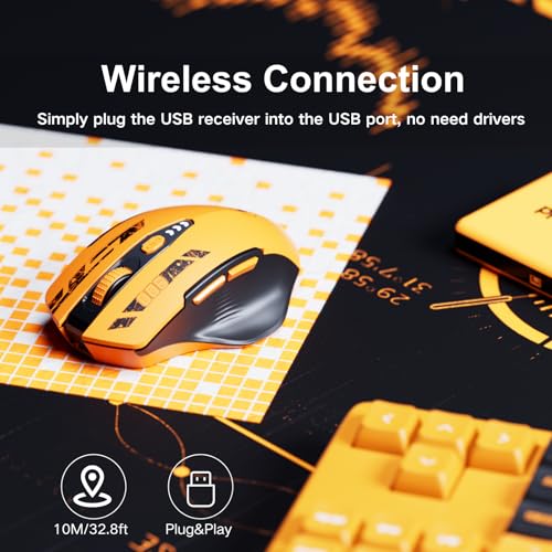 Uineer kabellose Maus, [Verbessert] Mit visueller Batterieanzeige, 2.4G USB Ergonomische Maus kabellos, 4 einstellbare DPI-Stufen,PC Wireless Mouse für Büro- oder Gaming,Gelb Bild 2