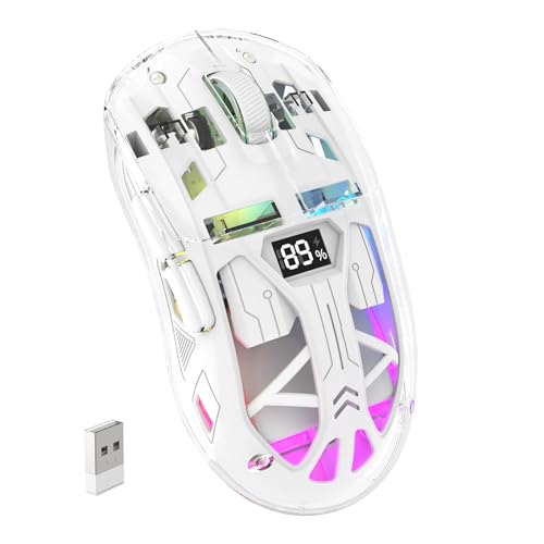 ZIYOU LANG x FREEWOLF Kabellose Gaming Maus, PixArt PAW3212 Dual Mode 2.4G/Bluetooth Transparente RGB-Hintergrundbeleuchtungsmaus, 400 mAh Akku, 4000 DPI 5 Stufen, sichtbarer Akkustand – Weiß Bild 1