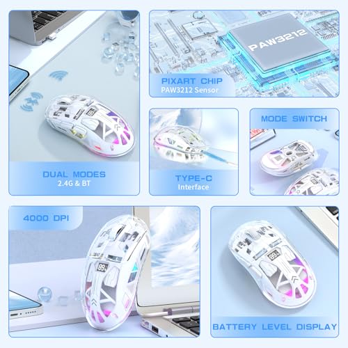 ZIYOU LANG x FREEWOLF Kabellose Gaming Maus, PixArt PAW3212 Dual Mode 2.4G/Bluetooth Transparente RGB-Hintergrundbeleuchtungsmaus, 400 mAh Akku, 4000 DPI 5 Stufen, sichtbarer Akkustand – Weiß Bild 2