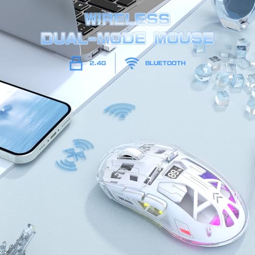 ZIYOU LANG x FREEWOLF Kabellose Gaming Maus, PixArt PAW3212 Dual Mode 2.4G/Bluetooth Transparente RGB-Hintergrundbeleuchtungsmaus, 400 mAh Akku, 4000 DPI 5 Stufen, sichtbarer Akkustand – Weiß Bild 3