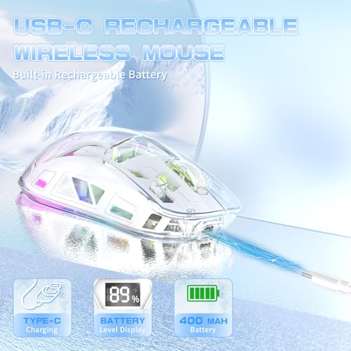ZIYOU LANG x FREEWOLF Kabellose Gaming Maus, PixArt PAW3212 Dual Mode 2.4G/Bluetooth Transparente RGB-Hintergrundbeleuchtungsmaus, 400 mAh Akku, 4000 DPI 5 Stufen, sichtbarer Akkustand – Weiß Bild 4