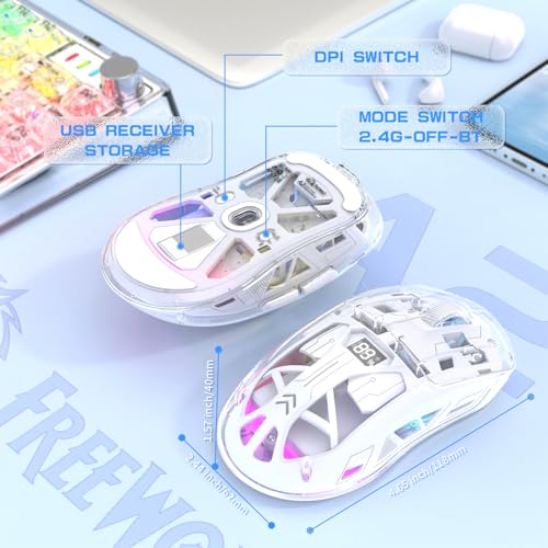 ZIYOU LANG x FREEWOLF Kabellose Gaming Maus, PixArt PAW3212 Dual Mode 2.4G/Bluetooth Transparente RGB-Hintergrundbeleuchtungsmaus, 400 mAh Akku, 4000 DPI 5 Stufen, sichtbarer Akkustand – Weiß Bild 5