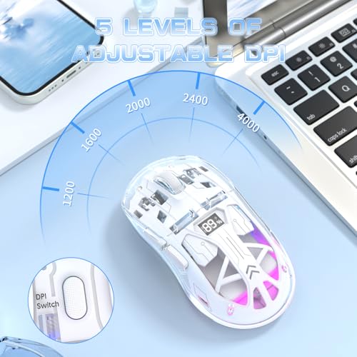 ZIYOU LANG x FREEWOLF Kabellose Gaming Maus, PixArt PAW3212 Dual Mode 2.4G/Bluetooth Transparente RGB-Hintergrundbeleuchtungsmaus, 400 mAh Akku, 4000 DPI 5 Stufen, sichtbarer Akkustand – Weiß Bild 6
