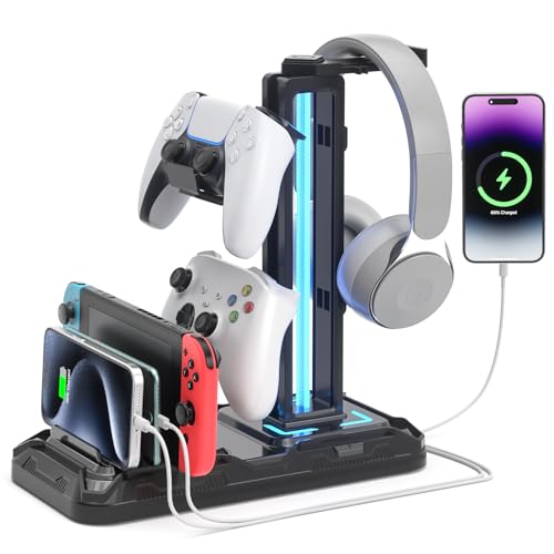 KDD Headset Halterung Led mit Ladestation - PS5 Controller Halter & Kopfhörer Ständer Tisch mit 9 Lichtmodi und 2 USB 1 Typ-C Anschlüssen - Gaming Controller Halterung für PC Gaming Accessories Bild 1