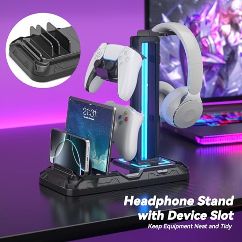 KDD Headset Halterung Led mit Ladestation - PS5 Controller Halter & Kopfhörer Ständer Tisch mit 9 Lichtmodi und 2 USB 1 Typ-C Anschlüssen - Gaming Controller Halterung für PC Gaming Accessories Bild 2