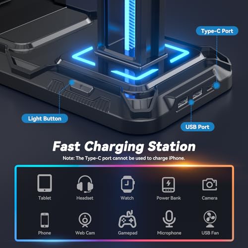 KDD Headset Halterung Led mit Ladestation - PS5 Controller Halter & Kopfhörer Ständer Tisch mit 9 Lichtmodi und 2 USB 1 Typ-C Anschlüssen - Gaming Controller Halterung für PC Gaming Accessories Bild 3