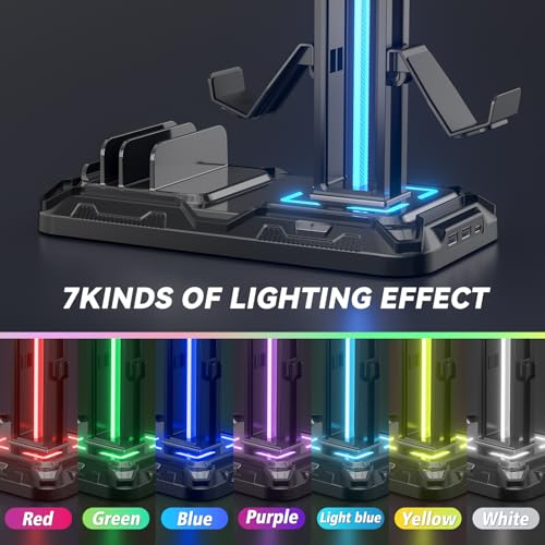 KDD Headset Halterung Led mit Ladestation - PS5 Controller Halter & Kopfhörer Ständer Tisch mit 9 Lichtmodi und 2 USB 1 Typ-C Anschlüssen - Gaming Controller Halterung für PC Gaming Accessories Bild 4