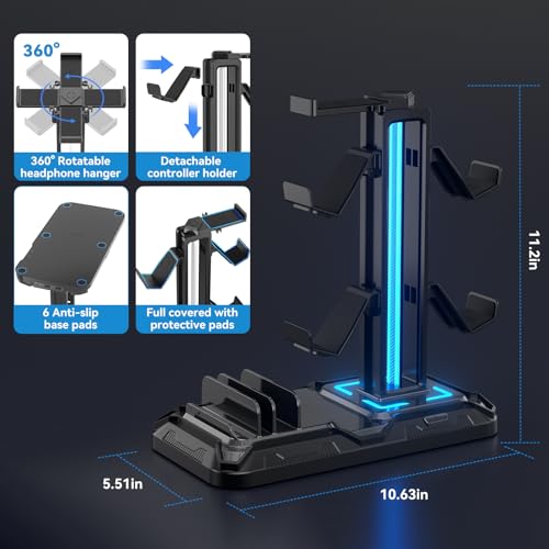 KDD Headset Halterung Led mit Ladestation - PS5 Controller Halter & Kopfhörer Ständer Tisch mit 9 Lichtmodi und 2 USB 1 Typ-C Anschlüssen - Gaming Controller Halterung für PC Gaming Accessories Bild 5