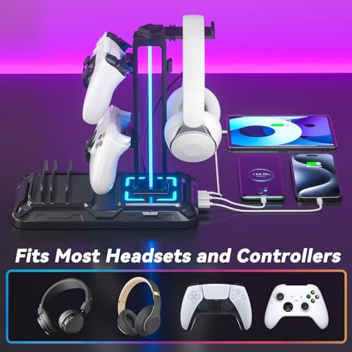 KDD Headset Halterung Led mit Ladestation - PS5 Controller Halter & Kopfhörer Ständer Tisch mit 9 Lichtmodi und 2 USB 1 Typ-C Anschlüssen - Gaming Controller Halterung für PC Gaming Accessories Bild 6