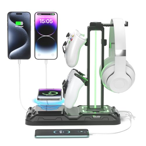 KDD Gaming Headset Halterung mit Wireless Ladegerät - Controller Halter & Kopfhörer Halter Led mit 9 Lichtmodi & 2 USB & 1 Typ-C Anschlüssen - Headphone Stand für Alle Kopfhörer PC Gaming Zubehör Bild 1