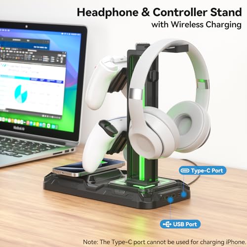 KDD Gaming Headset Halterung mit Wireless Ladegerät - Controller Halter & Kopfhörer Halter Led mit 9 Lichtmodi & 2 USB & 1 Typ-C Anschlüssen - Headphone Stand für Alle Kopfhörer PC Gaming Zubehör Bild 2