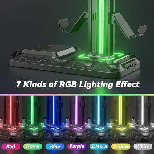 KDD Gaming Headset Halterung mit Wireless Ladegerät - Controller Halter & Kopfhörer Halter Led mit 9 Lichtmodi & 2 USB & 1 Typ-C Anschlüssen - Headphone Stand für Alle Kopfhörer PC Gaming Zubehör Bild 4
