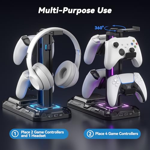 KDD Gaming Headset Halterung mit Wireless Ladegerät - Controller Halter & Kopfhörer Halter Led mit 9 Lichtmodi & 2 USB & 1 Typ-C Anschlüssen - Headphone Stand für Alle Kopfhörer PC Gaming Zubehör Bild 6