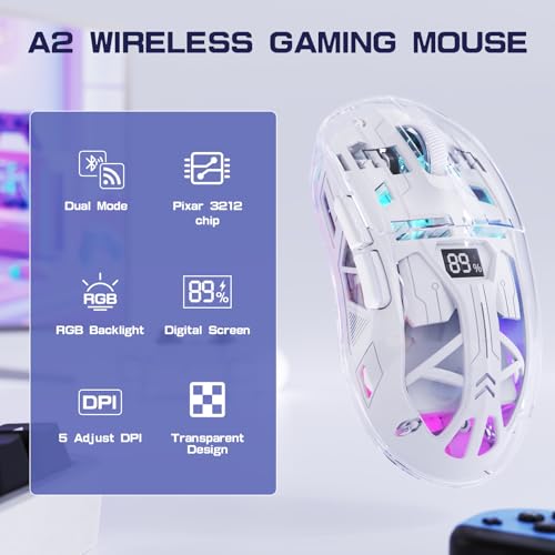 FREEWOLF A2 Kabellose Gaming-Maus, Dual-Mode 2,4G/Bluetooth PC-Gaming-Mäuse, RGB-Maus mit Akku-Display, Transparente Hülle, PixArt 3212, 4000 DPI 5 Einstellbar, für Win/MAC - Glasiertes Weiß Bild 2