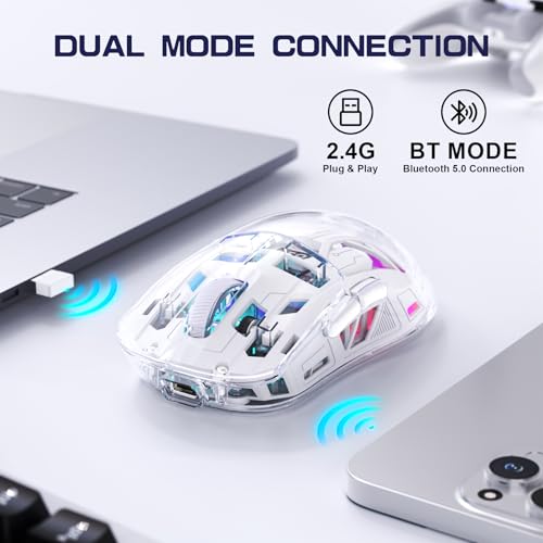 FREEWOLF A2 Kabellose Gaming-Maus, Dual-Mode 2,4G/Bluetooth PC-Gaming-Mäuse, RGB-Maus mit Akku-Display, Transparente Hülle, PixArt 3212, 4000 DPI 5 Einstellbar, für Win/MAC - Glasiertes Weiß Bild 3