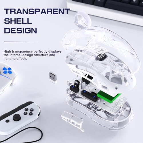 FREEWOLF A2 Kabellose Gaming-Maus, Dual-Mode 2,4G/Bluetooth PC-Gaming-Mäuse, RGB-Maus mit Akku-Display, Transparente Hülle, PixArt 3212, 4000 DPI 5 Einstellbar, für Win/MAC - Glasiertes Weiß Bild 4