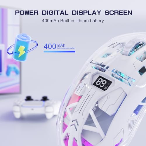 FREEWOLF A2 Kabellose Gaming-Maus, Dual-Mode 2,4G/Bluetooth PC-Gaming-Mäuse, RGB-Maus mit Akku-Display, Transparente Hülle, PixArt 3212, 4000 DPI 5 Einstellbar, für Win/MAC - Glasiertes Weiß Bild 5
