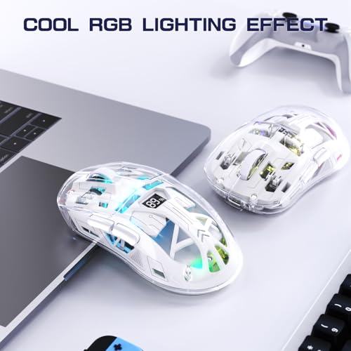 FREEWOLF A2 Kabellose Gaming-Maus, Dual-Mode 2,4G/Bluetooth PC-Gaming-Mäuse, RGB-Maus mit Akku-Display, Transparente Hülle, PixArt 3212, 4000 DPI 5 Einstellbar, für Win/MAC - Glasiertes Weiß Bild 6