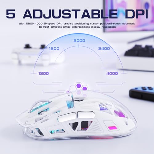 FREEWOLF A2 Kabellose Gaming-Maus, Dual-Mode 2,4G/Bluetooth PC-Gaming-Mäuse, RGB-Maus mit Akku-Display, Transparente Hülle, PixArt 3212, 4000 DPI 5 Einstellbar, für Win/MAC - Glasiertes Weiß Bild 7
